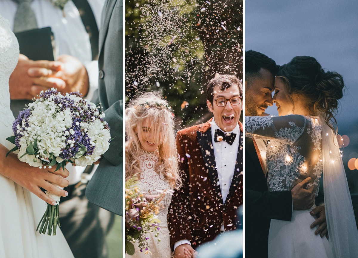 Three wedding photos side by side. The first is of a bride’s hand holding a bouquet, facing her husband. The second is a bride and groom in a cloud of confetti. The third is the bride and groom dancing at night with fairy lights around them.