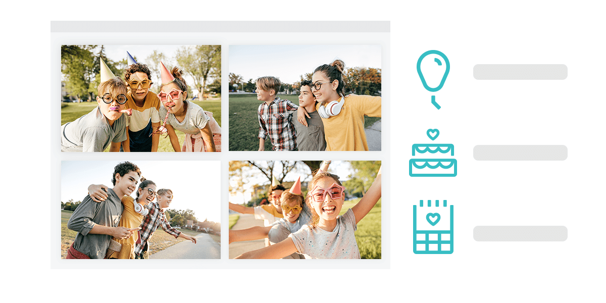 Quatre photos encadrées par une fenêtre d'ordinateur. Il y a trois icônes sur leur à droite ; un ballon, un gâteau à étages et un calendrier avec un cœur dessus.