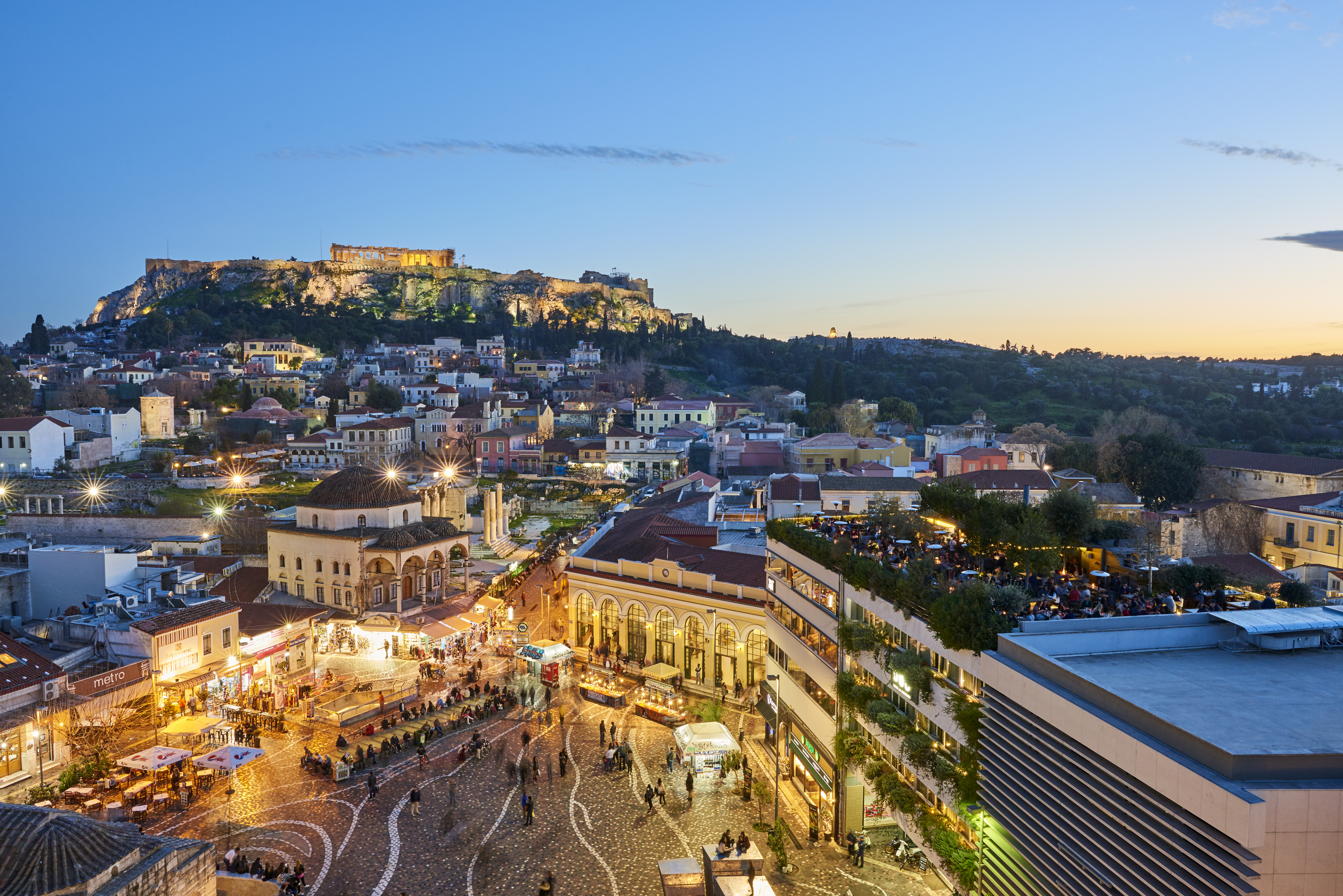 A photo of Athens taken at dusk. 