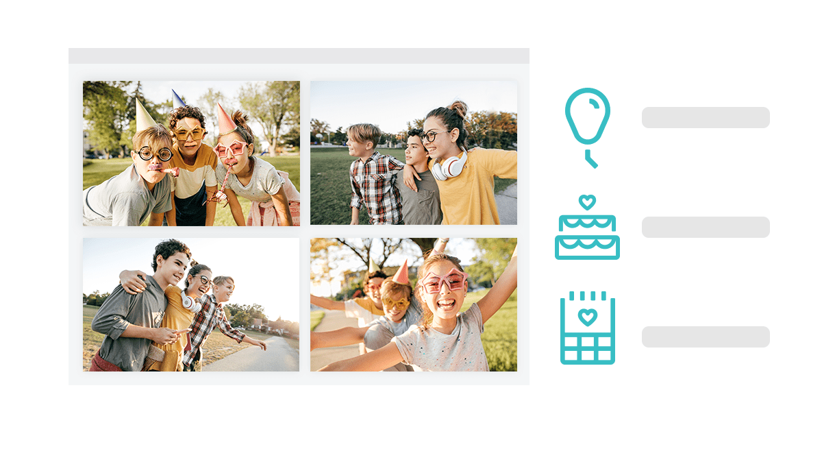 Four photos framed by a computer window. There are three icons next to them on the right; a balloon, a tiered cake and a calendar with a heart on.