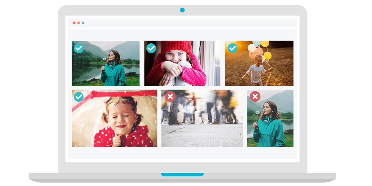 A graphic of an open laptop with six photos on. Three clear photos have green ticks on and two blurry photos have red crosses on.