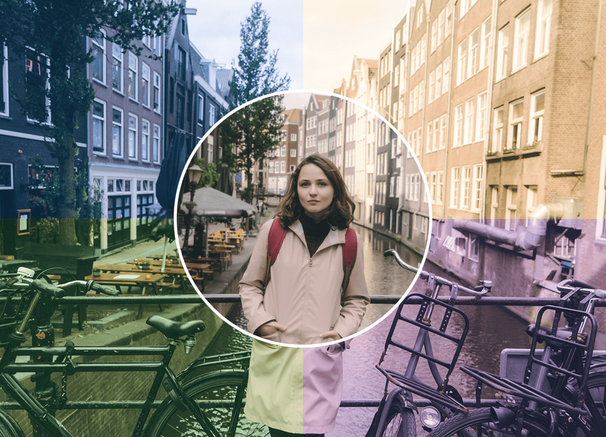 A photo of a woman on a bridge in Amsterdam. The photo shows how white balance can affect an image; it’s split into four, with each quarter showing a different tone, there’s a balanced section in the middle in a circle.