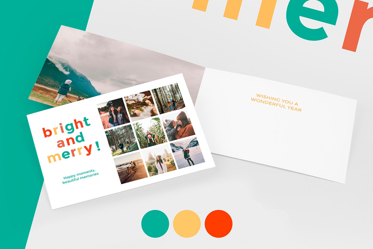 A personalised photo card with a multi-photo grid on the front and multi-coloured lettering. There’s a second copy open behind it. The cards are on a pale grey background with three colour swatches below, a teal colour block on the left, and colourful typography in the top right corner.