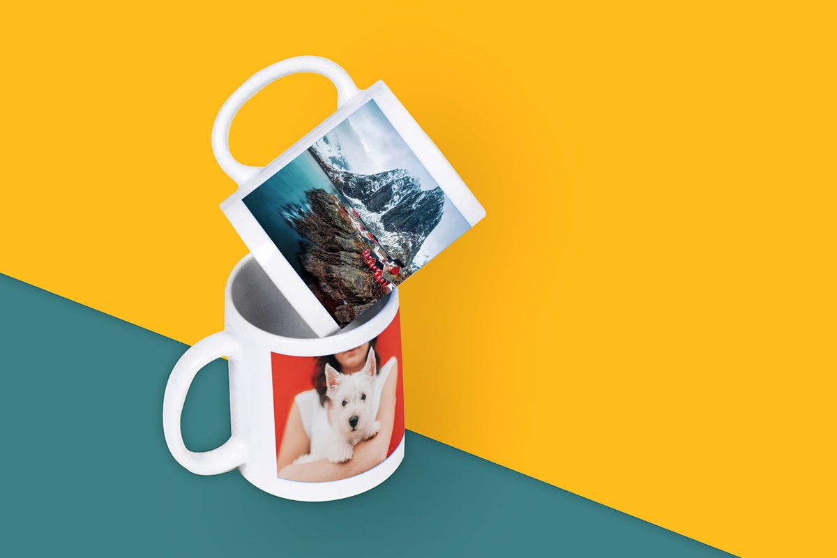 Two mugs atop one another on a green pedestal, one showing a mountain and one showing a dog