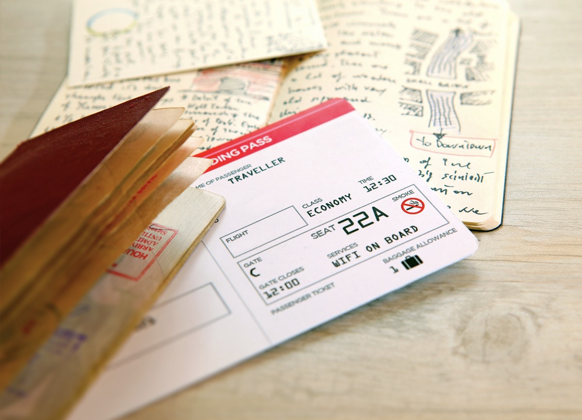 Een oud vliegticket, een paspoort en pagina's uit een dagboek op een houten tafel. 