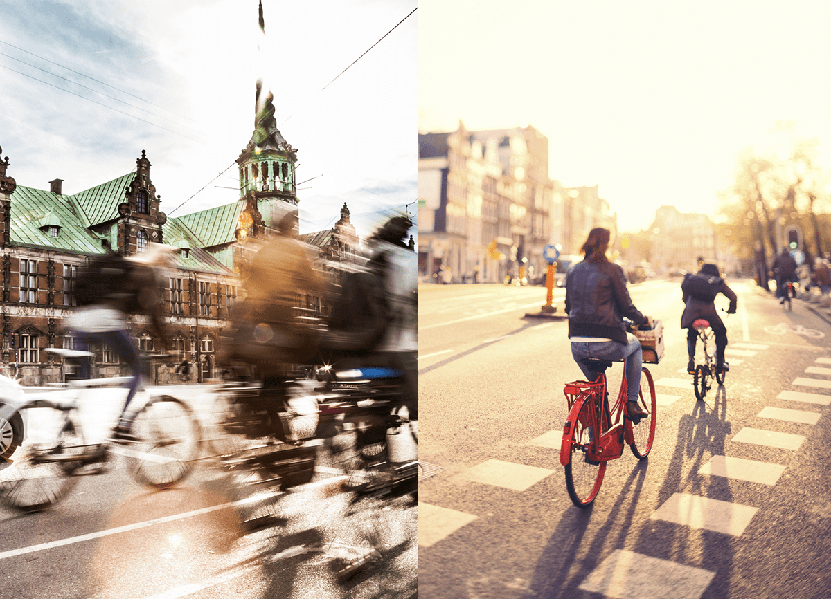 Twee foto's naast elkaar van fietsende mensen. De foto aan de linkerkant toont bewegingsonscherpte, de foto aan de rechterkant is meer gefocust, maar de achtergrond is wazig. Hieronder staat een diagram om aan te geven welke ISO-waarde overeenkomt met elke foto.