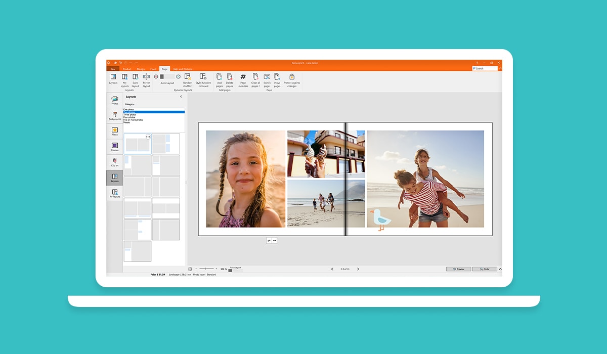 Een screenshot van het fotoboekprogramma van albelli met geselecteerde foto's die klaarstaan om aan een fotoboek te worden toegevoegd. 