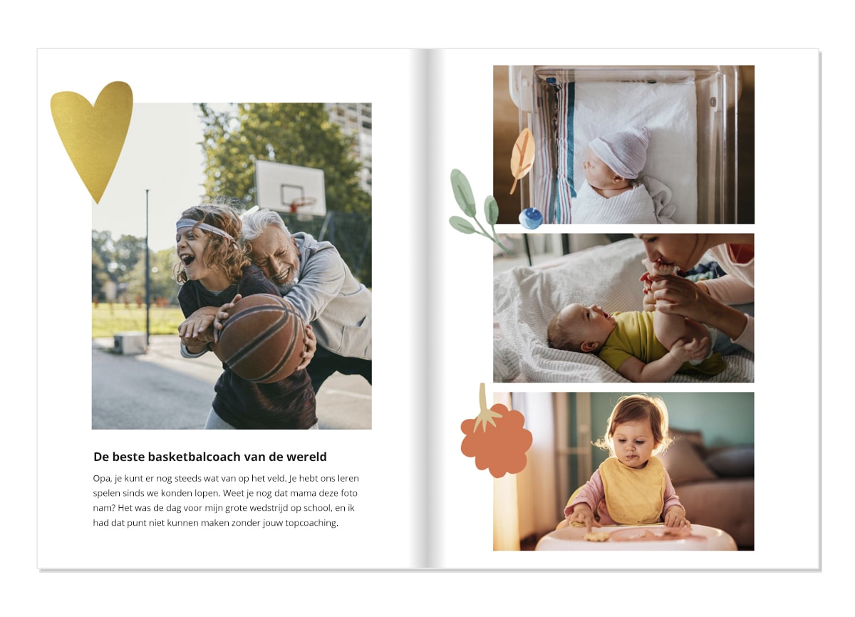 Een fotoboek dat is opengeslagen op een dubbele pagina. Aan de linkerkant is een foto te zien van een jongen die basketbal speelt met zijn opa. De pagina's van het boek zijn voorzien van hartvormige clipart en illustraties.