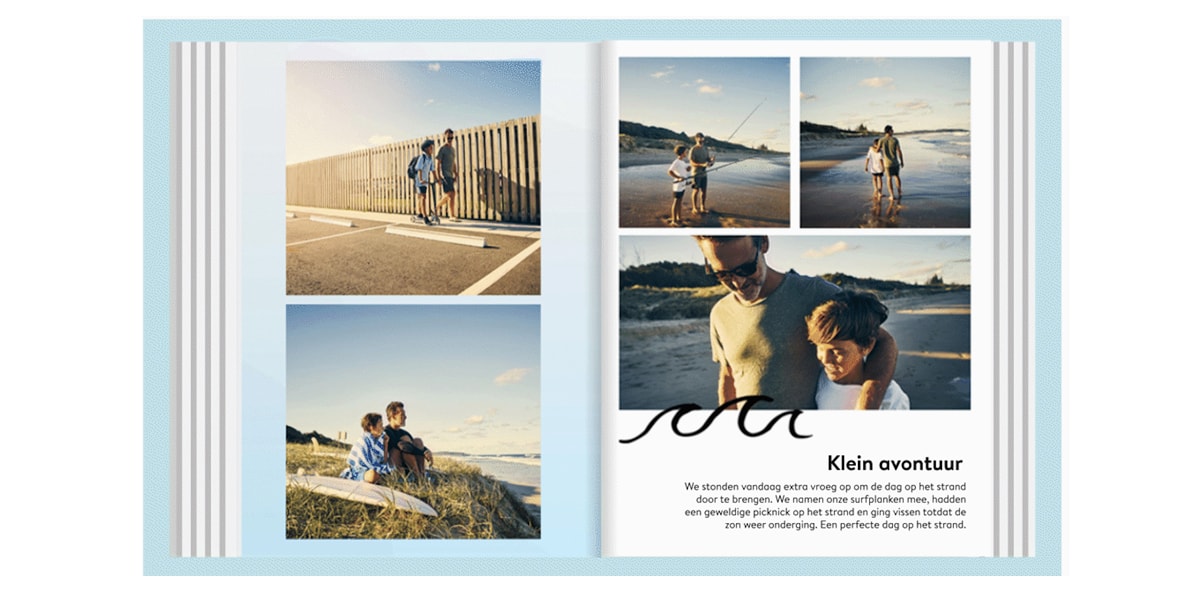 Een gif van een open fotoboek met foto's van een man en zijn zoon op het strand met geanimeerde tekst op de rechterpagina.