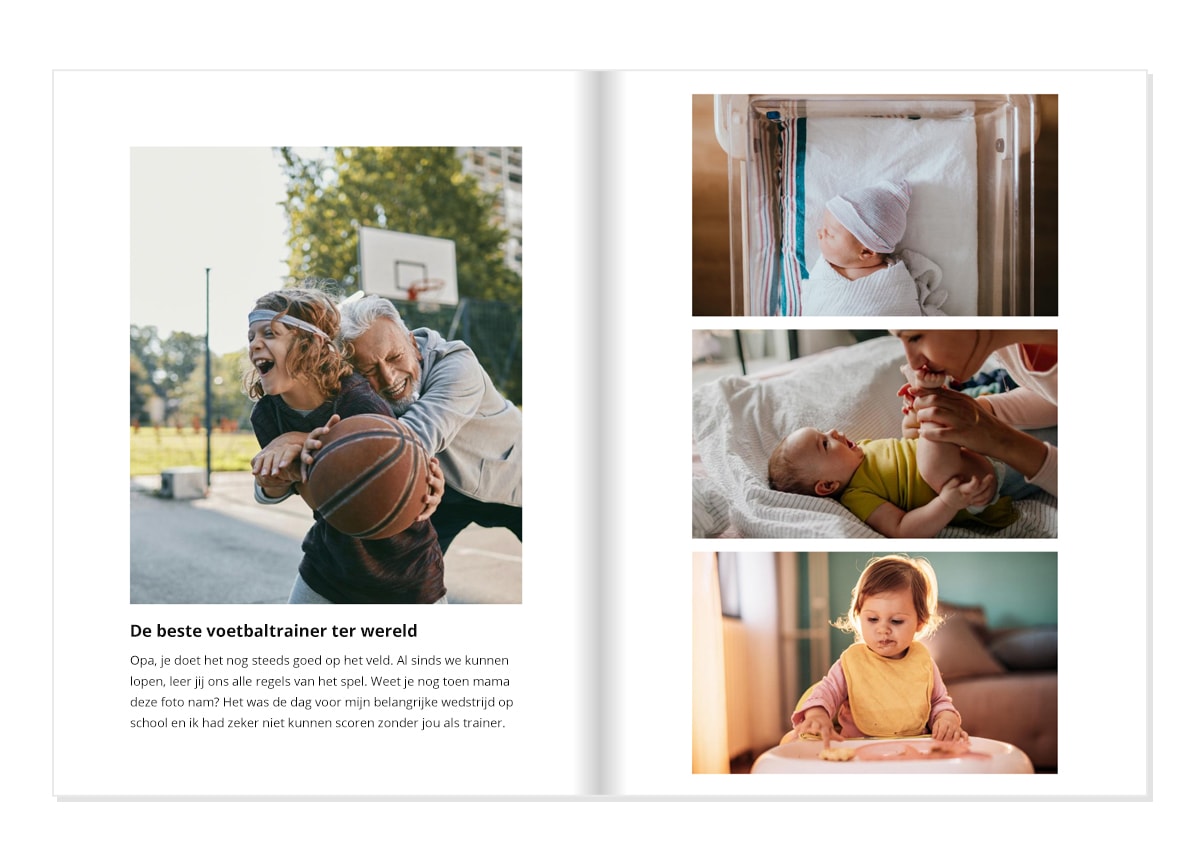Een fotoboek dat open ligt op een dubbele pagina. Op de linkerkant staat een foto van een jongen en zijn opa die basketbal spelen met een bijschrift eronder.