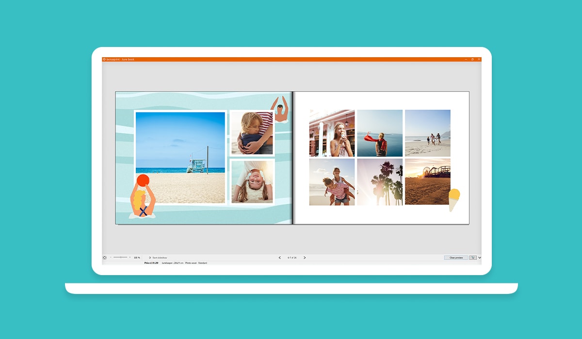 En skärmbild av önskefotos redigeringsverktyg, vilken visar en förhandsversion av en färdig fotobok.