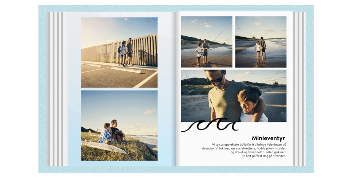 En GIF av en åpen fotobok med bilder av en mann som er på stranden med sønnen sin, med animert tekst på siden til høyre.