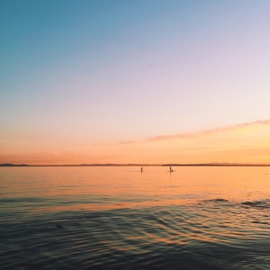 bord de mer horizon couché de soleil silhouettes sur paddle