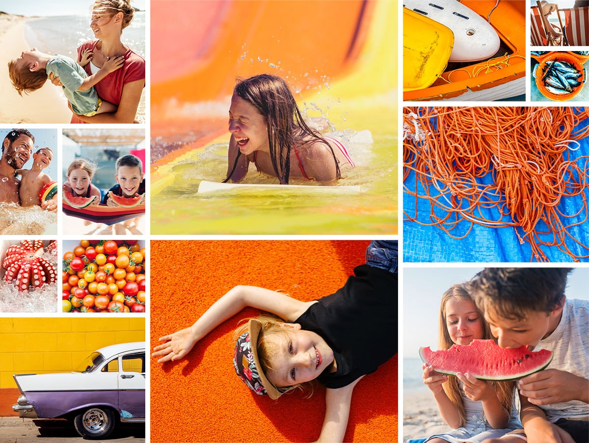 Tableau d'humeur composé de multiples photos estivales colorées, avec des enfants et leurs parents au soleil, des enfants qui mangent des pastèques, et des photos lumineuses de bateaux et de lignes de pêche.