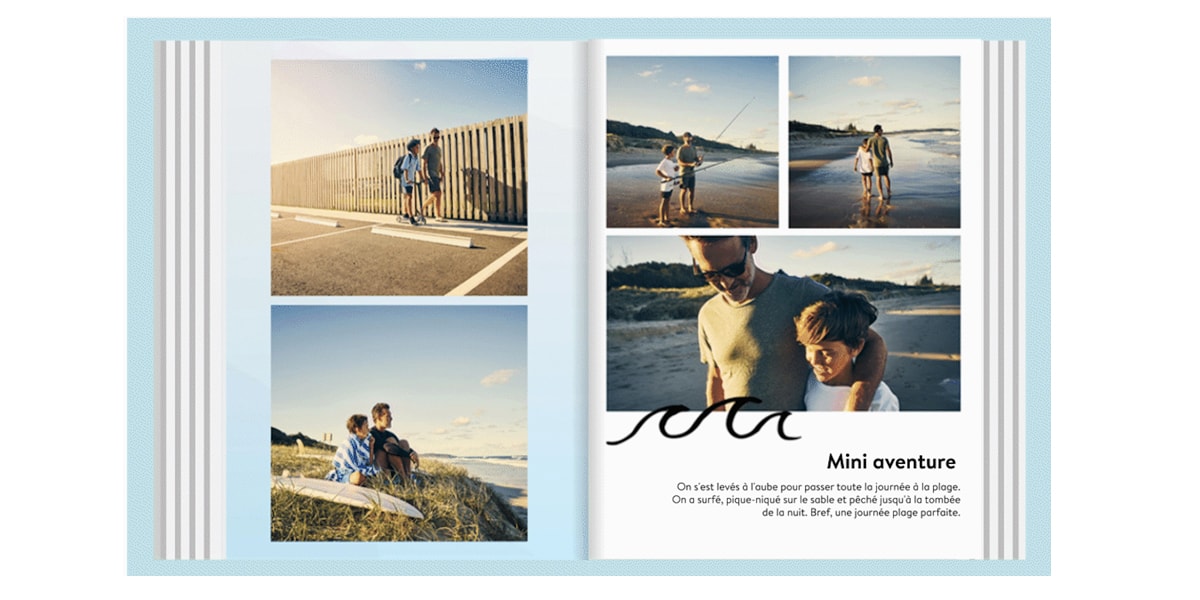 Gif d'un livre photo ouvert montrant un père et un fils sur la plage, avec du texte animé sur la page de droite.